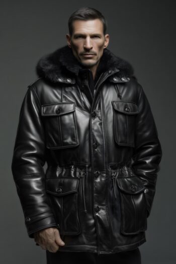 Belvedere Black Gloss Leather Parka