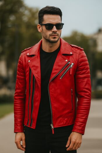 Double Breasted Mens Red Leather Biker Jacket