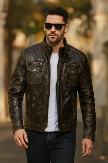 Premium Distressed Brown Cafe Racer Leather Jacket