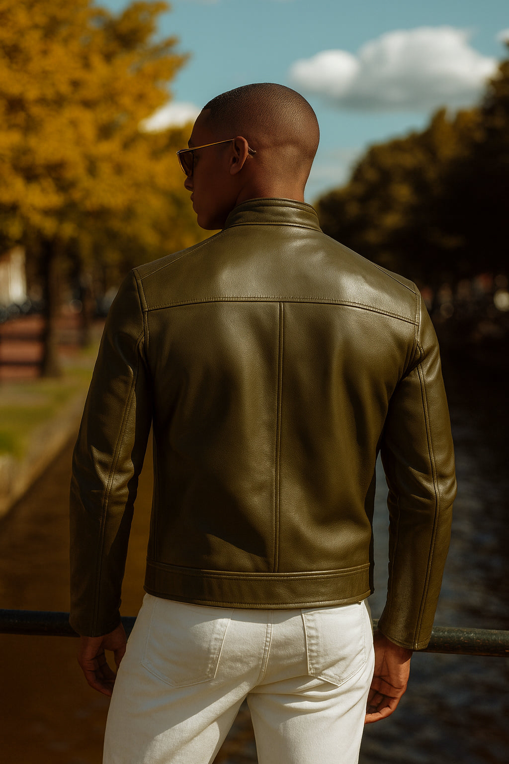Castor Olive Green Leather Café Racer Jacket