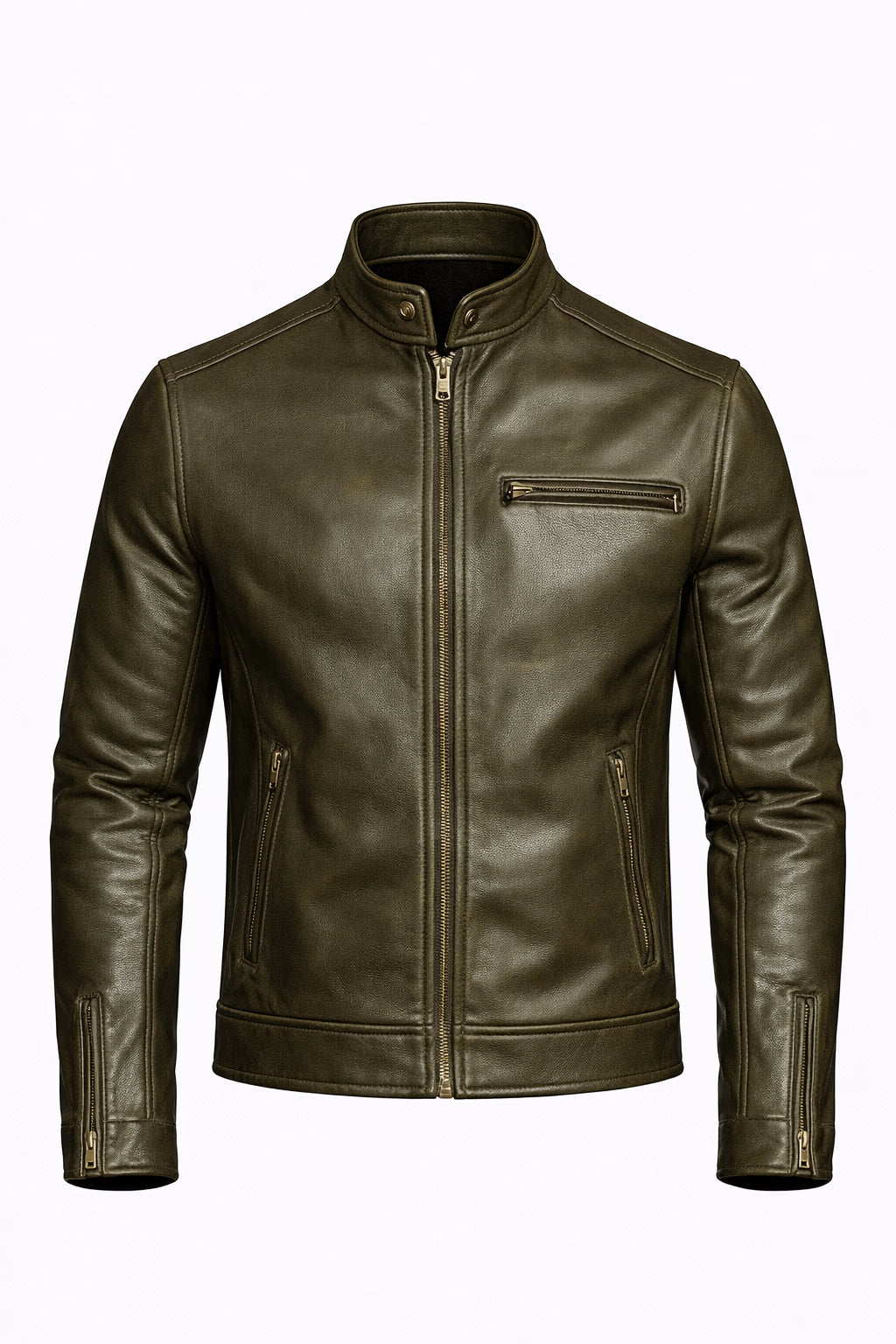 Castor Olive Green Leather Café Racer Jacket