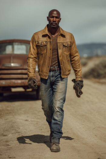 Dakota Camel Distressed Leather Trucker Jacket