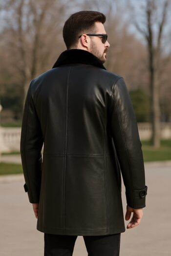 Dapper Mens Long Black Leather Coat With Fur Collar