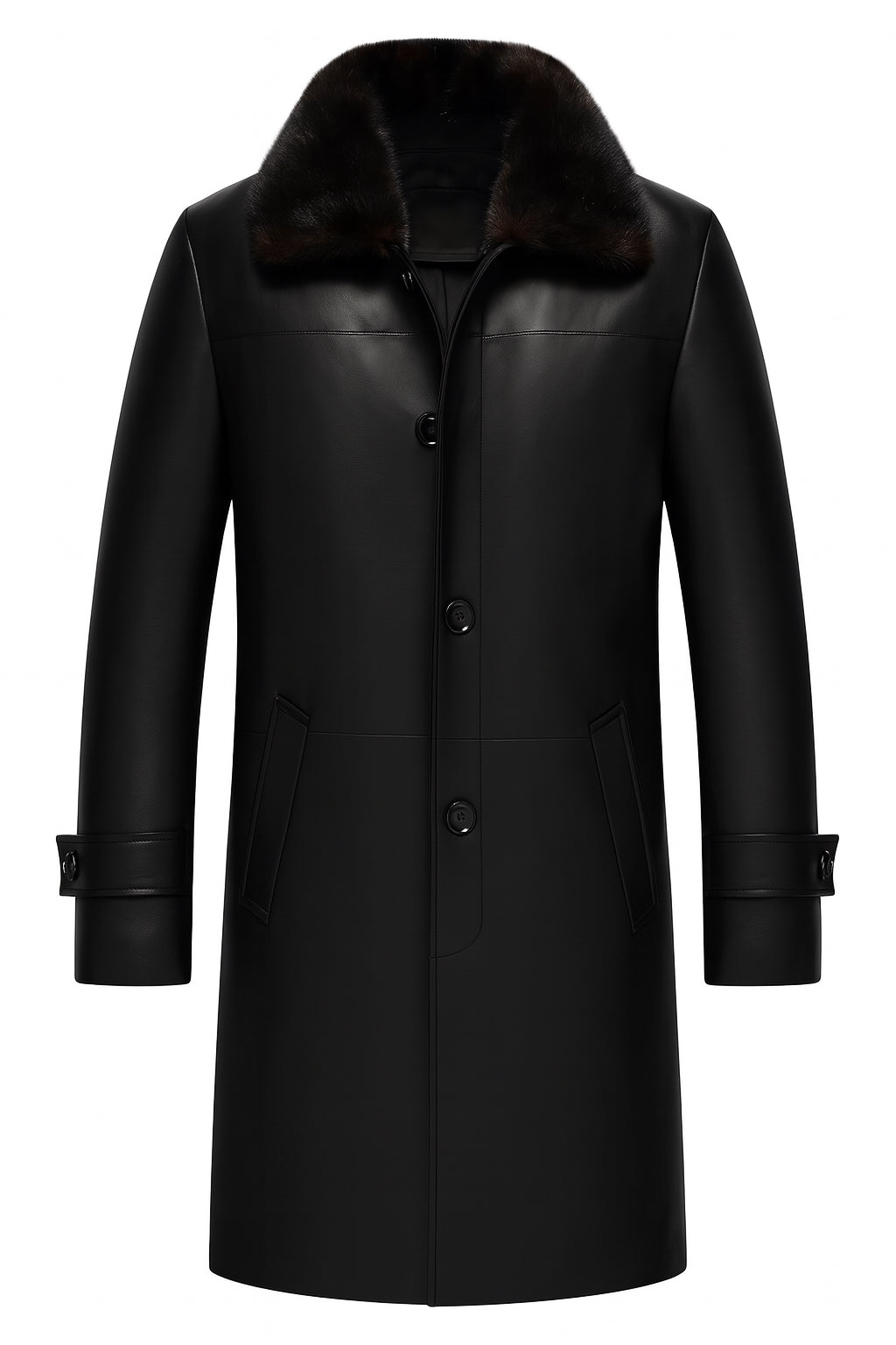 Dapper Mens Long Black Leather Coat With Fur Collar
