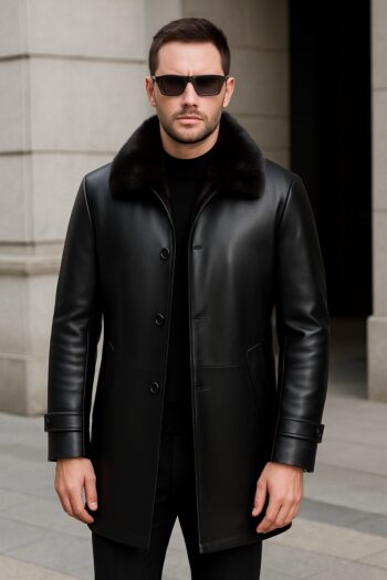 Dapper Mens Long Black Leather Coat With Fur Collar
