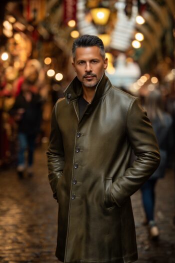Kensington Olive Green Leather Long Coat