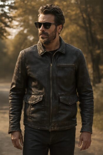 Celestial Mens Leather Moto Utility Jacket Black With Shirt Collar