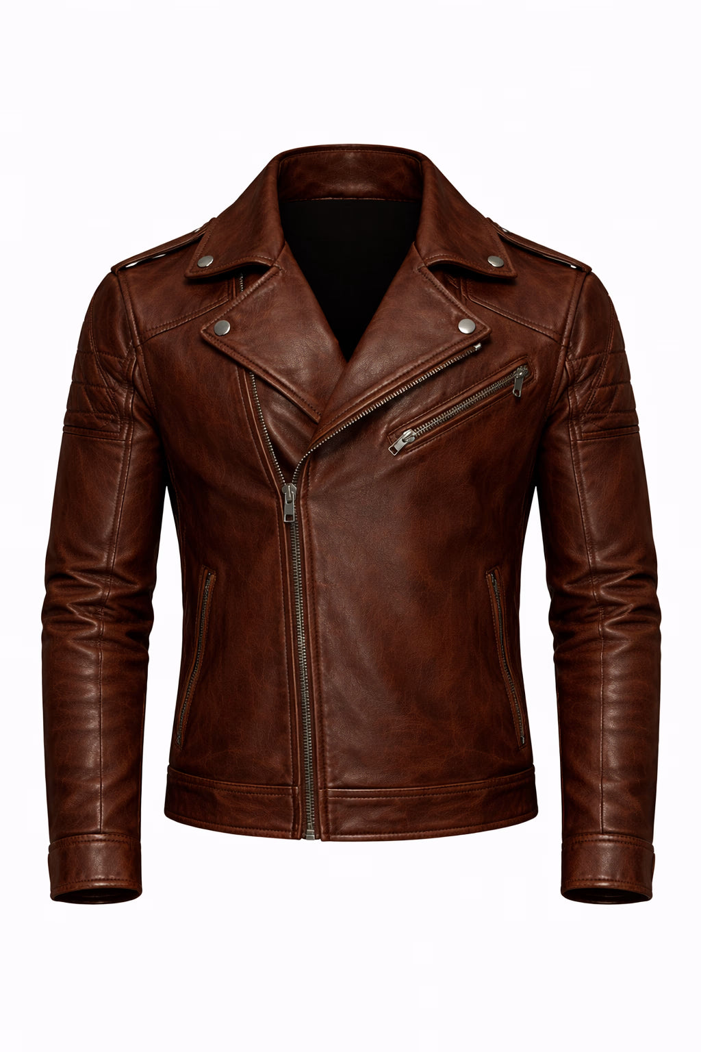 Maverick Rust Brown Distressed Leather Biker Jacket