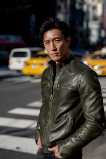 Orion Olive Green Leather Café Racer Jacket