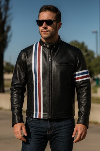 Peter’s US Flag Black Leather Cafe Racer Jacket