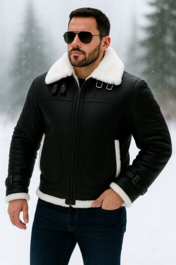 Mens Black Leather Shearling Jacket With Shearling