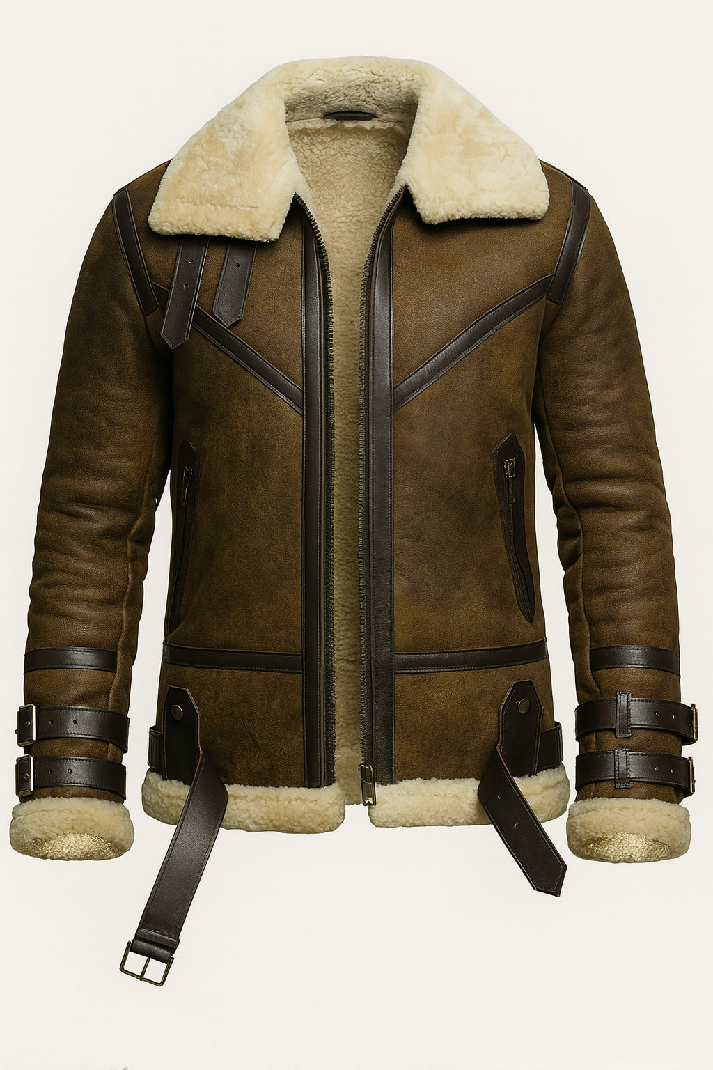 B3 Brown Leather Aviator Coat With Shearling