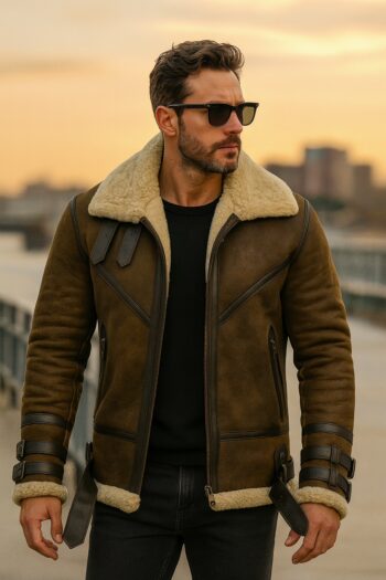 B3 Brown Leather Aviator Coat With Shearling