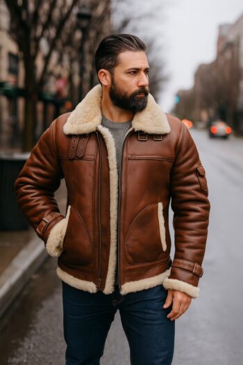 B3 Light Brown Bomber Jacket With Shearling