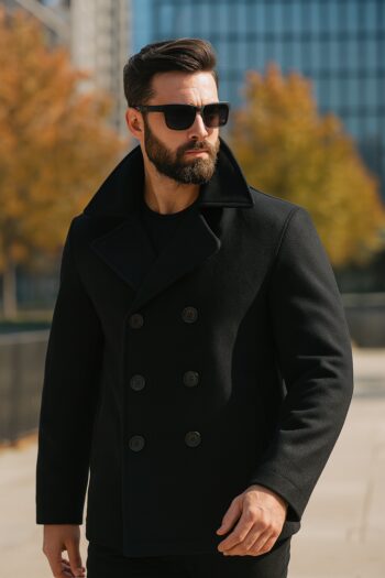 Ryan’s Long Black Wool Peacoat For Men