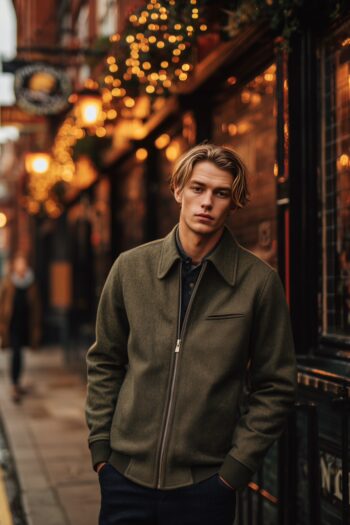 Olive Green Harrington Wool Zip-Up Jacket with Shirt Collar