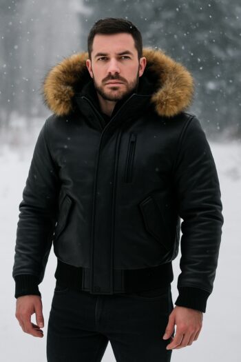Premium Leather Bomber Jacket With Fur Hood