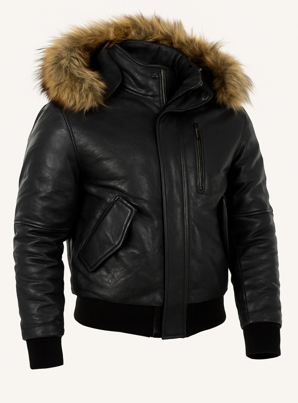 Premium Leather Bomber Jacket With Fur Hood