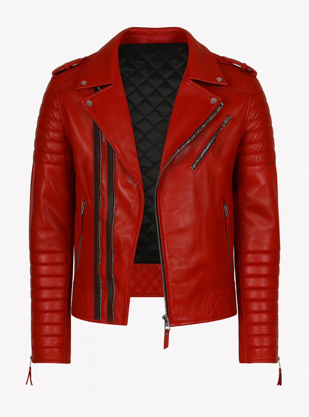 Double Breasted Mens Red Leather Biker Jacket