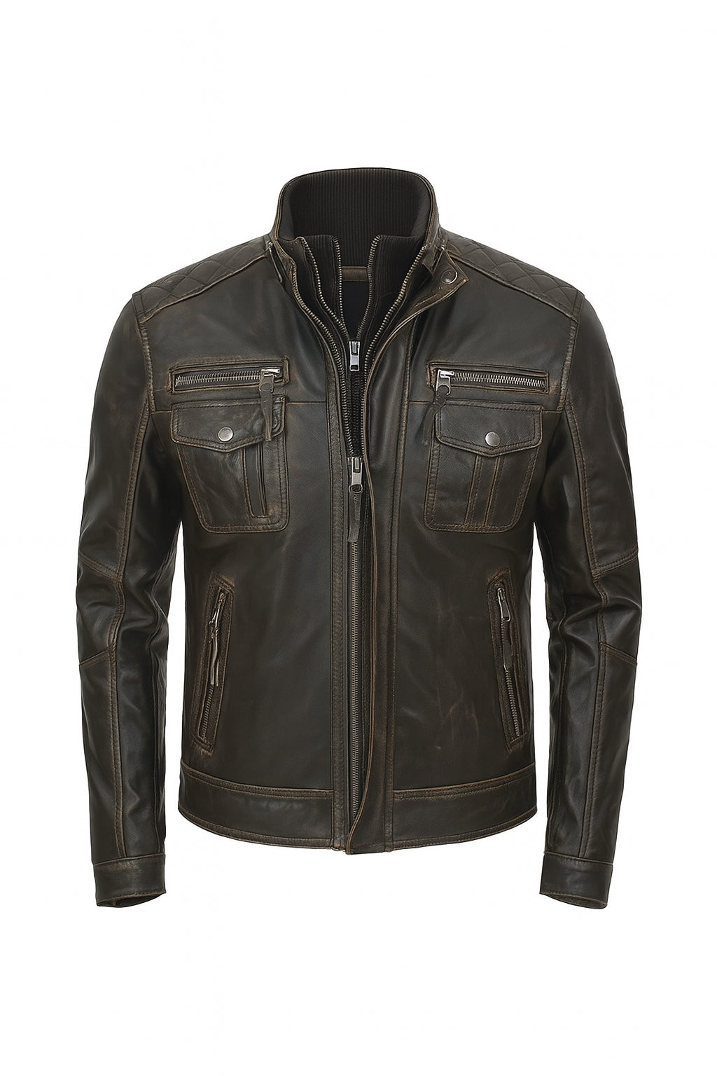 Premium Distressed Brown Cafe Racer Leather Jacket
