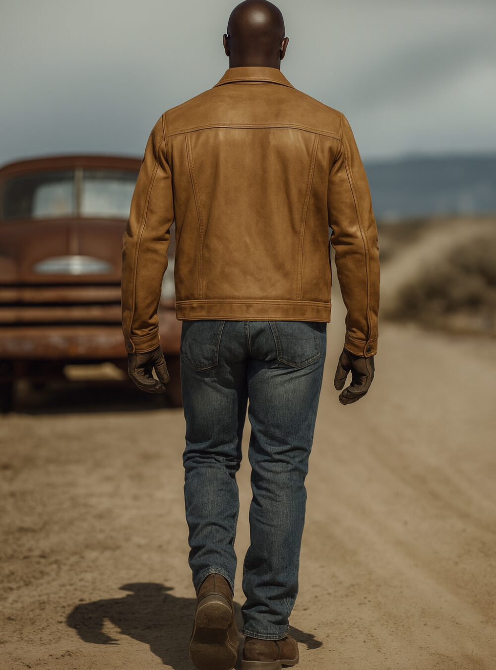 Dakota Camel Distressed Leather Trucker Jacket