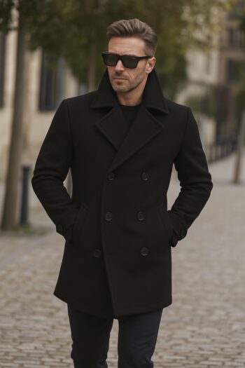 David’s Long Black Wool Peacoat Mens