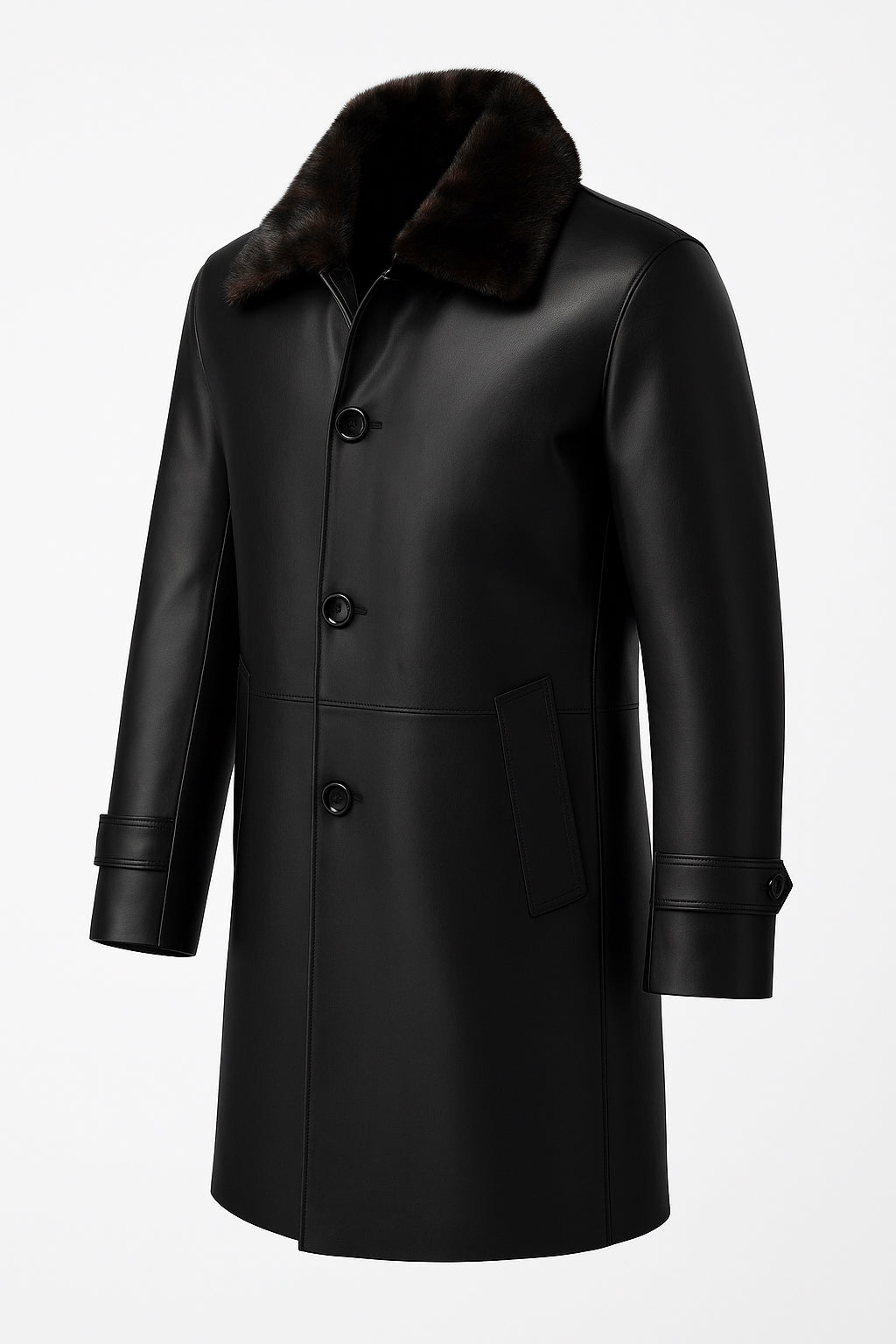 Dapper Mens Long Black Leather Coat With Fur Collar