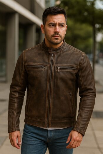 Mens Vintage Distressed Cafe Racer Leather Jacket