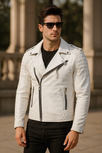 Pure White Leather Biker Jacket Mens