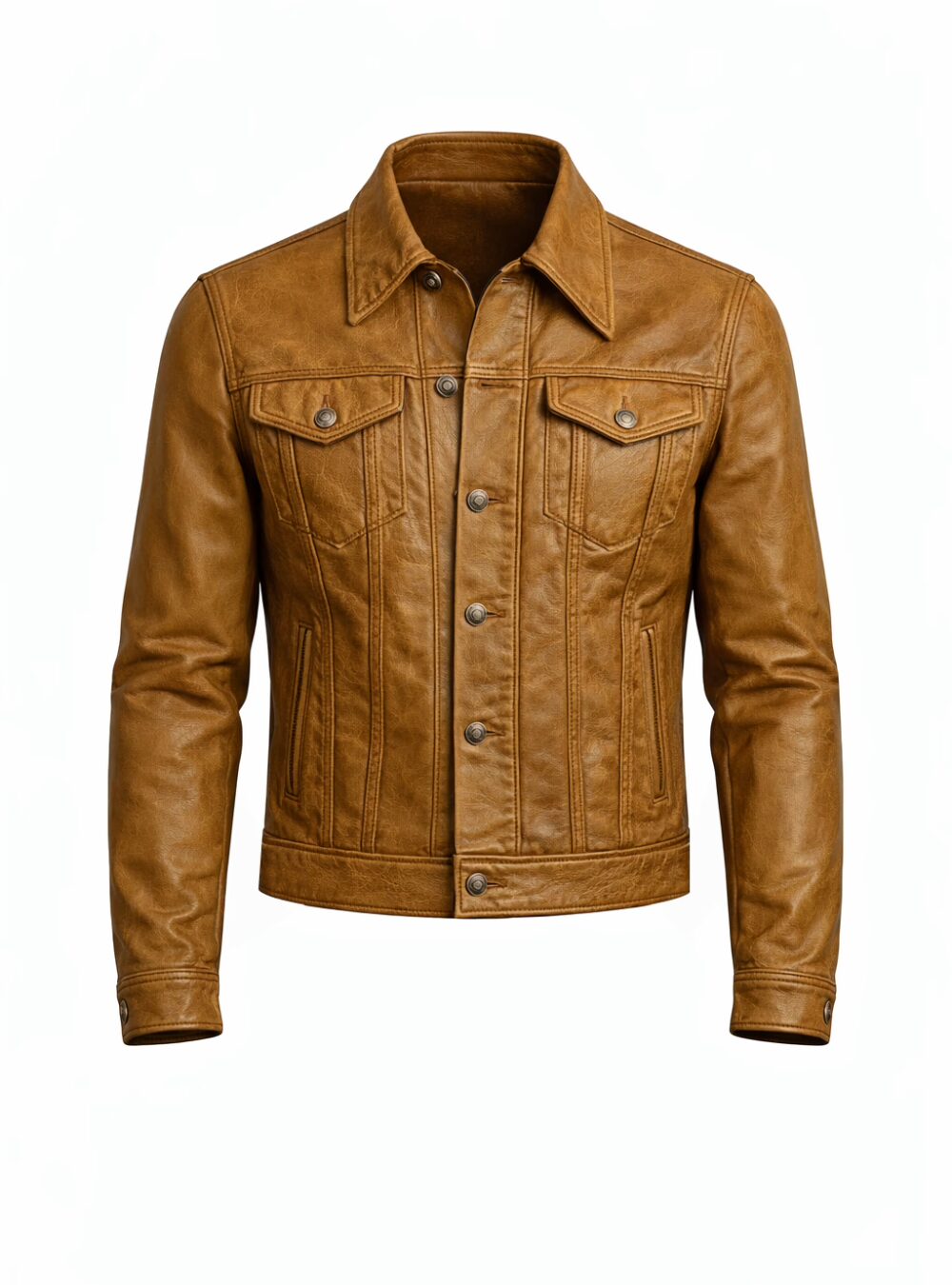 Dakota Camel Distressed Leather Trucker Jacket