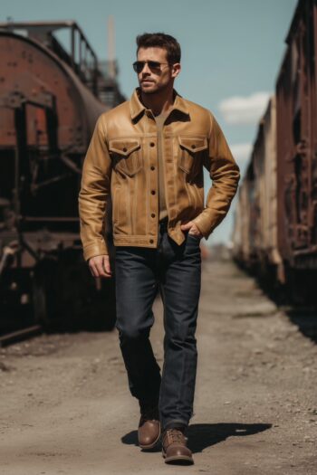 Frontier Camel Leather Trucker Jacket