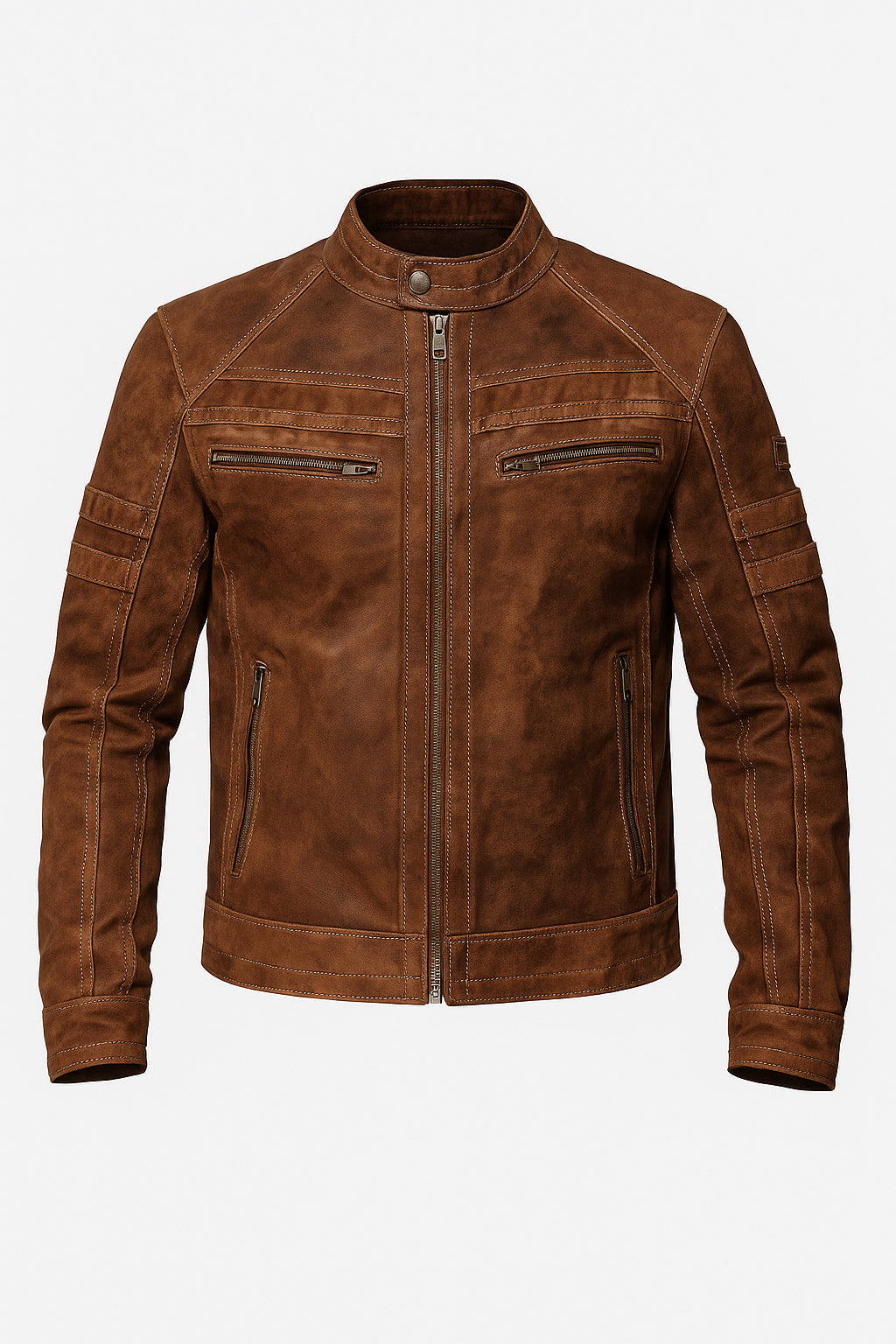 H&B Mens Brown Leather Cafe Racer Jacket