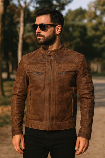 H&B Mens Brown Leather Cafe Racer Jacket