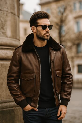 Royal A2 Mens Brown Shearling Bomber Jacket Genuine Leather