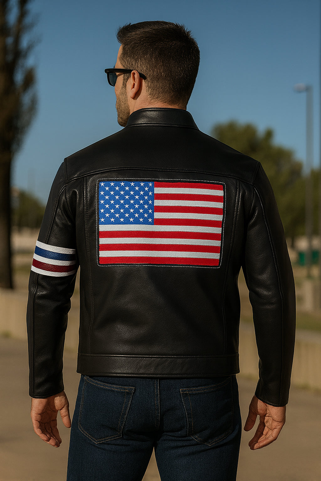 Peter’s US Flag Black Leather Cafe Racer Jacket