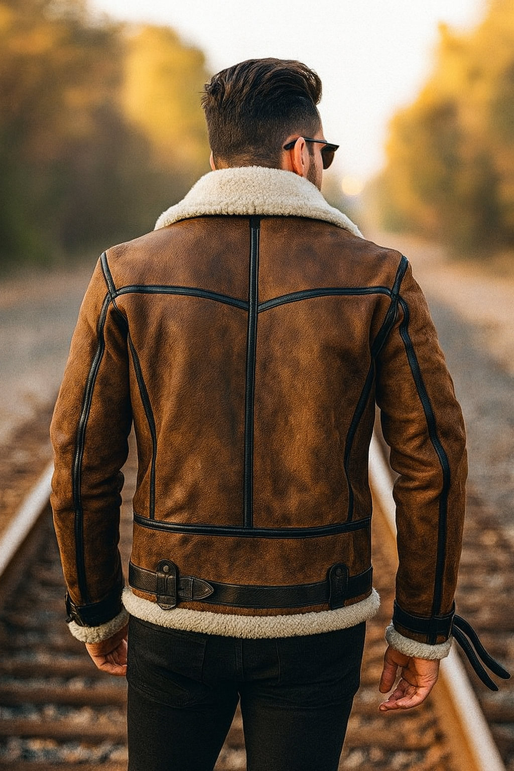 B3 Brown Leather Aviator Coat With Shearling