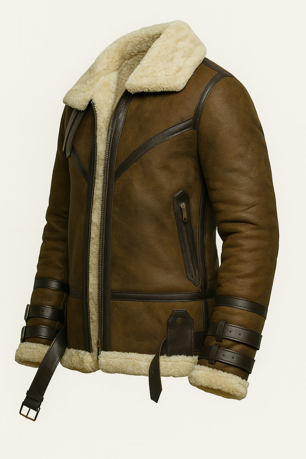 B3 Brown Leather Aviator Coat With Shearling