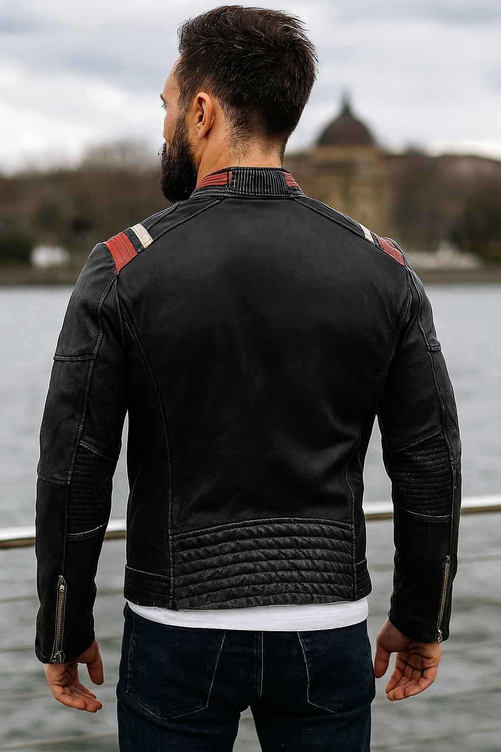 Premium Black Leather Cafe Racer Jacket Mens