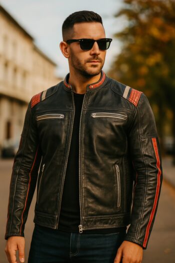 Premium Black Leather Cafe Racer Jacket Mens