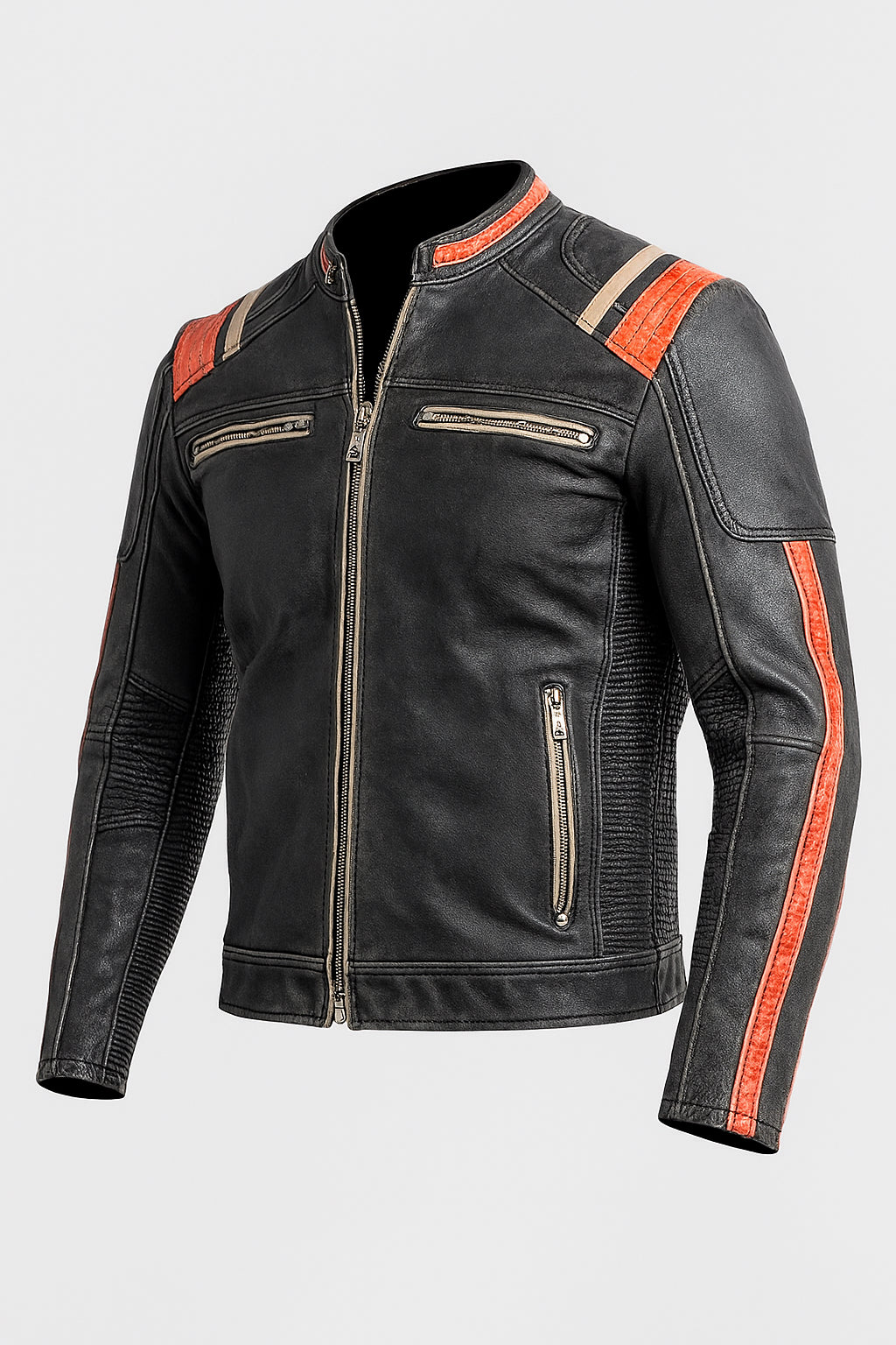 Premium Black Leather Cafe Racer Jacket Mens