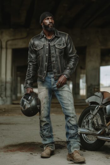 Rider Black Distressed Leather Trucker Jacket