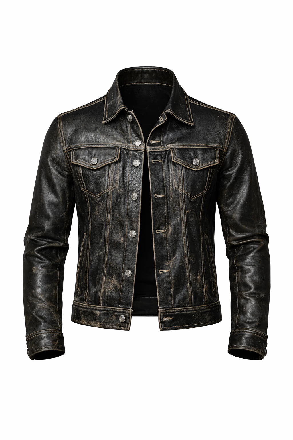 Rider Black Distressed Leather Trucker Jacket