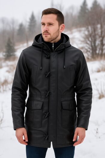 Mens Pure Leather Coat With Hood