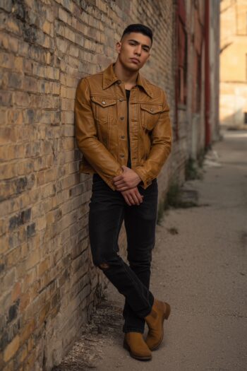 Trailblazer Camel Slim Leather Trucker Jacket