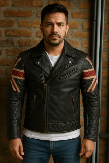 Authentic UK Flag Biker Leather Jacket Mens