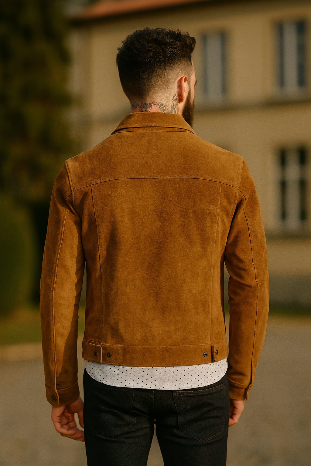 High Quality Brown Suede Trucker Leather Jacket Mens