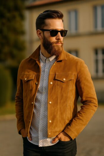 High Quality Brown Suede Trucker Leather Jacket Mens